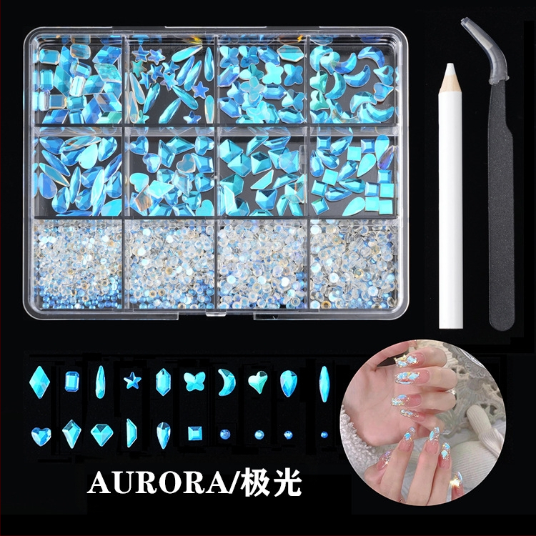 Jane Workshop серия Princess, кутия за кристали за маникюр с 12 секции, стъклени кристали, плоско дъно, мотиви: пеперуда, луна, водна капка, звезди