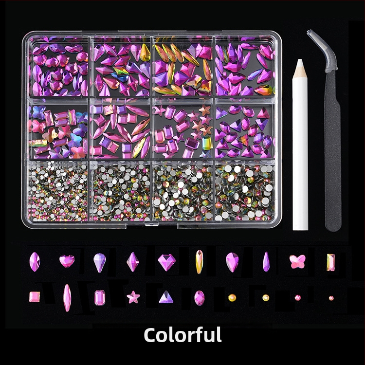 Jane Workshop серия Princess, кутия за кристали за маникюр с 12 секции, стъклени кристали, плоско дъно, мотиви: пеперуда, луна, водна капка, звезди