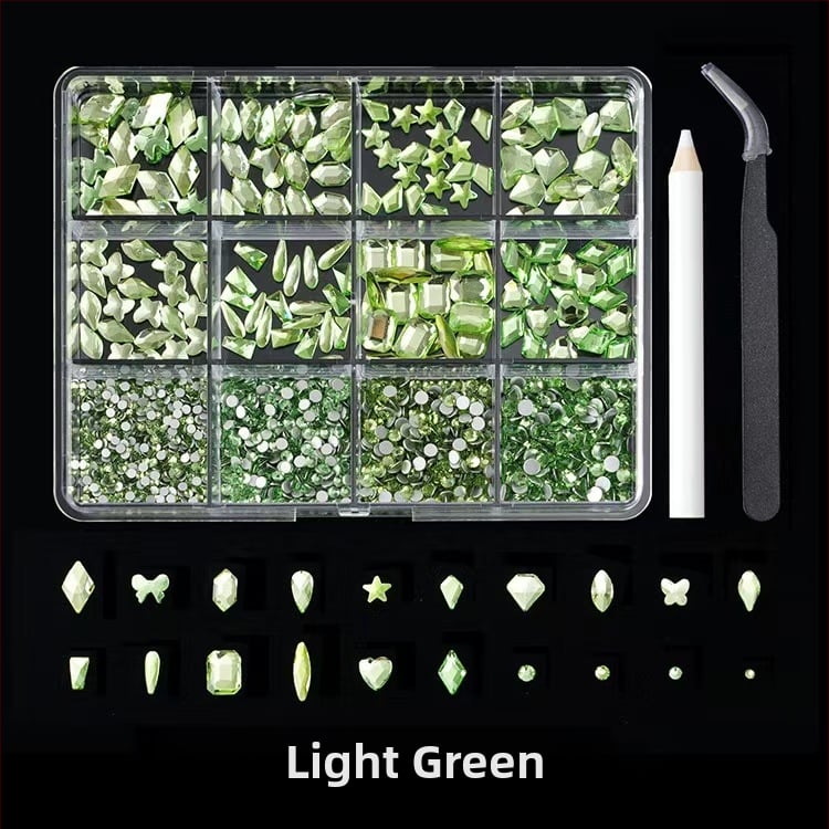 Jane Workshop серия Princess, кутия за кристали за маникюр с 12 секции, стъклени кристали, плоско дъно, мотиви: пеперуда, луна, водна капка, звезди