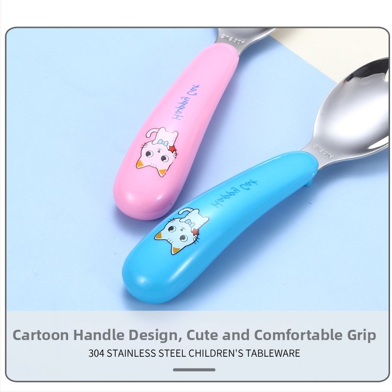 Детски комплект прибори от 304 неръждаема стомана за учене на палочки, вилица и лъжичка, карикатурен дизайн, огледално полиране, персонализируемо лого