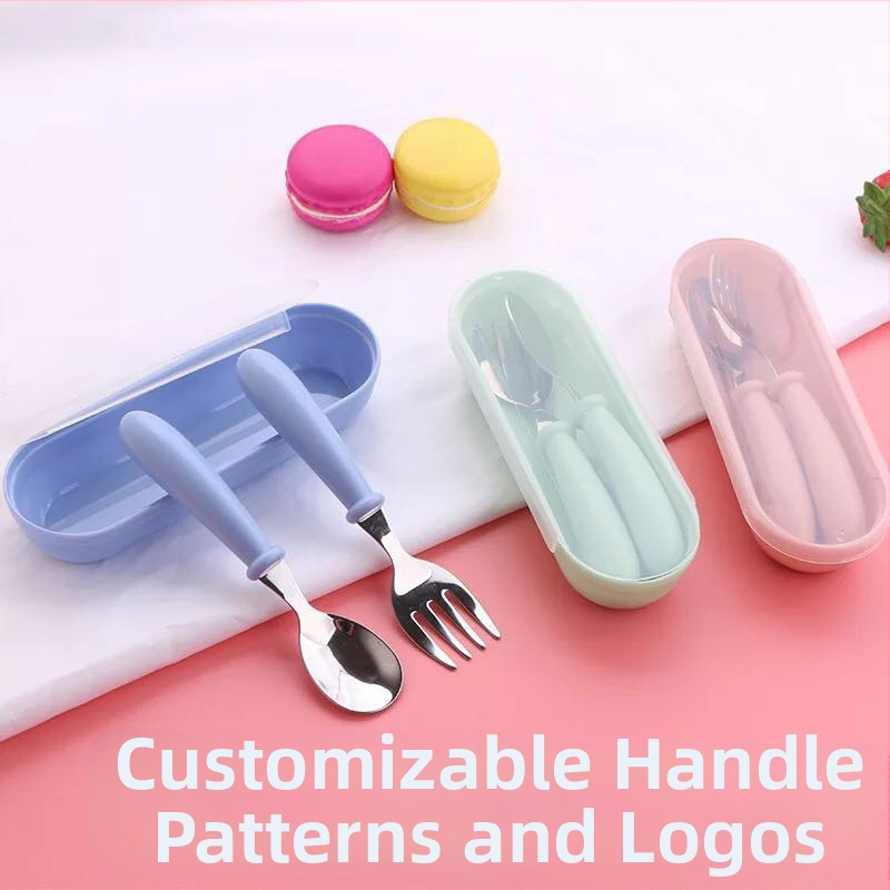 Детски комплект прибори от 304 неръждаема стомана за учене на палочки, вилица и лъжичка, карикатурен дизайн, огледално полиране, персонализируемо лого