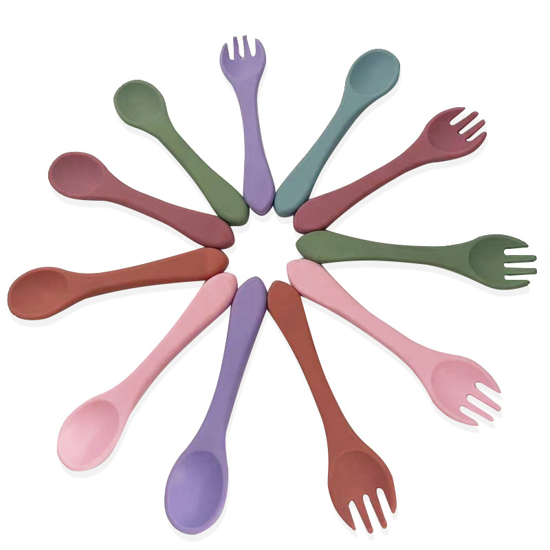 Silikoninis kūdikių maitinimo šaukštas ir šakutė komplektas, 2 dalių, minkšti treniravimo įrankiai nuo 3 mėnesių