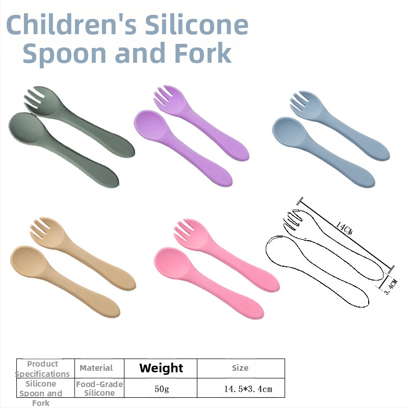 Силиконов комплект лъжичка и вилица за бебета, 2 части, мек обучителен комплект за хранене (2 части; силикон; за деца над 3 месеца; обучителни прибори)