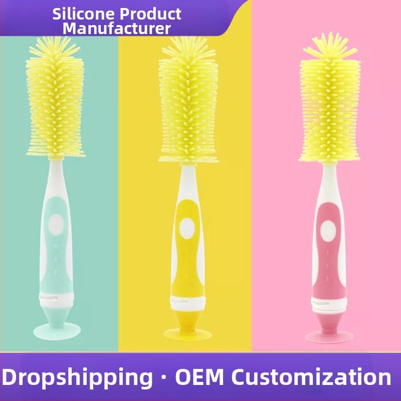 Kūdikių buteliukų šepetėlių rinkinys: spenelio šepetėlis, vamzdelio šepetėlis ir silikono pasukamas valymo šepetėlis