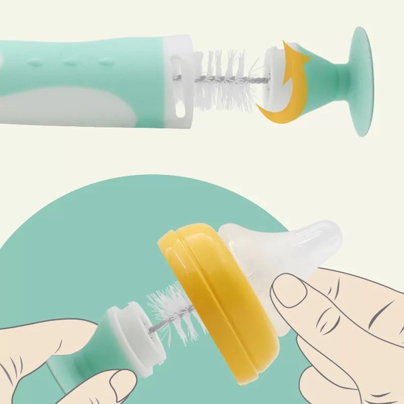 Kūdikių buteliukų šepetėlių rinkinys: spenelio šepetėlis, vamzdelio šepetėlis ir silikono pasukamas valymo šepetėlis