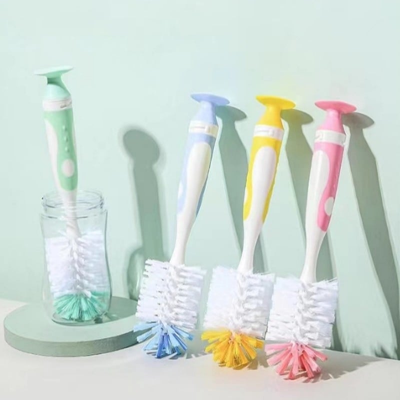 Kūdikių buteliukų šepetėlių rinkinys: spenelio šepetėlis, vamzdelio šepetėlis ir silikono pasukamas valymo šepetėlis