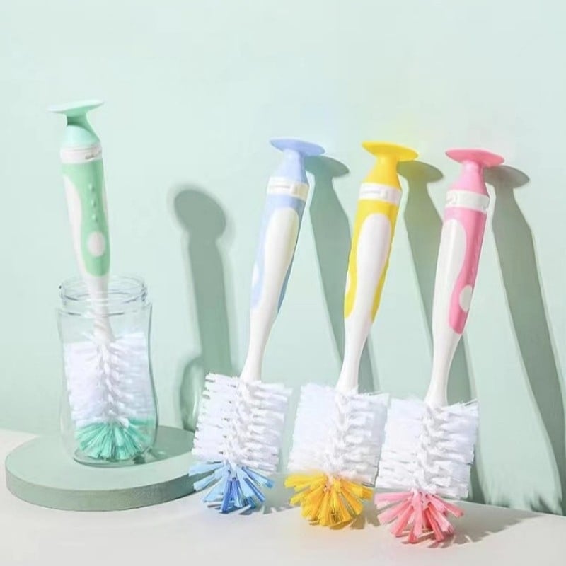 Kūdikių buteliukų šepetėlių rinkinys: spenelio šepetėlis, vamzdelio šepetėlis ir silikono pasukamas valymo šepetėlis