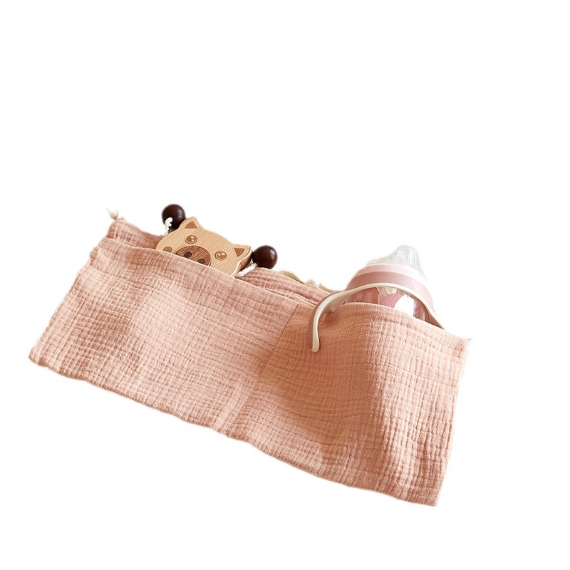 Babaágy melletti tároló táska dupla zsebekkel, pamut anyag, falra akasztható, többfunkciós