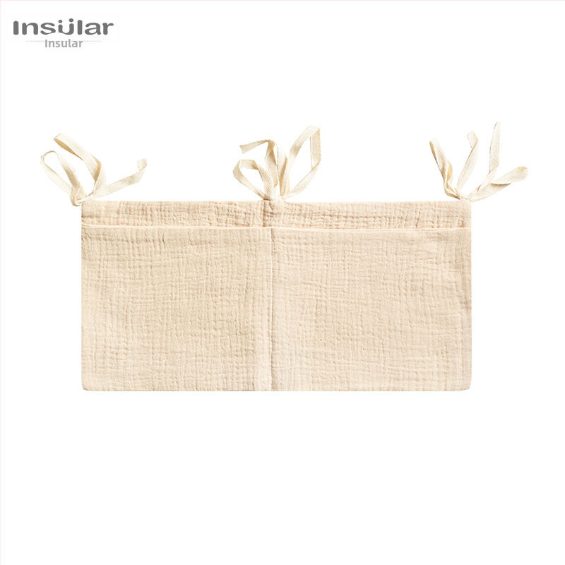 Babaágy melletti tároló táska dupla zsebekkel, pamut anyag, falra akasztható, többfunkciós