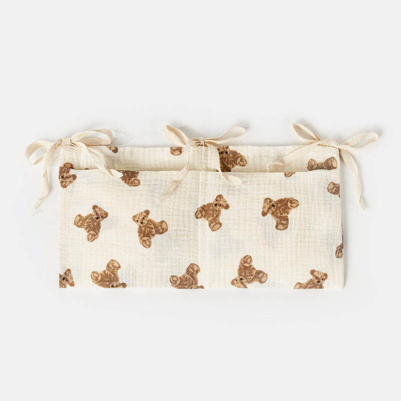 Babaágy melletti tároló táska dupla zsebekkel, pamut anyag, falra akasztható, többfunkciós