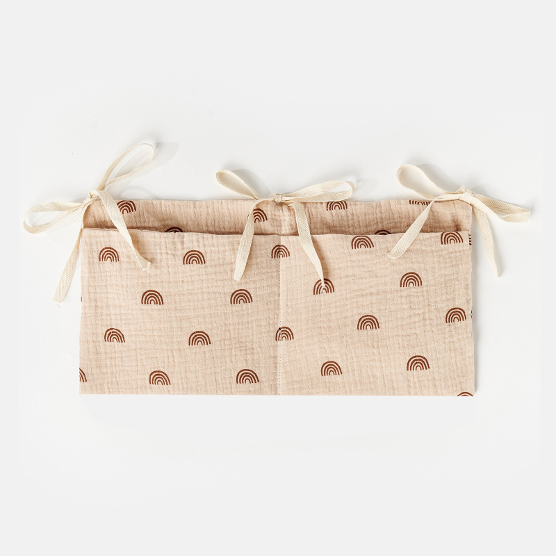 Babaágy melletti tároló táska dupla zsebekkel, pamut anyag, falra akasztható, többfunkciós