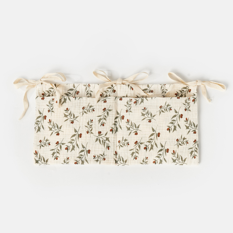 Babaágy melletti tároló táska dupla zsebekkel, pamut anyag, falra akasztható, többfunkciós