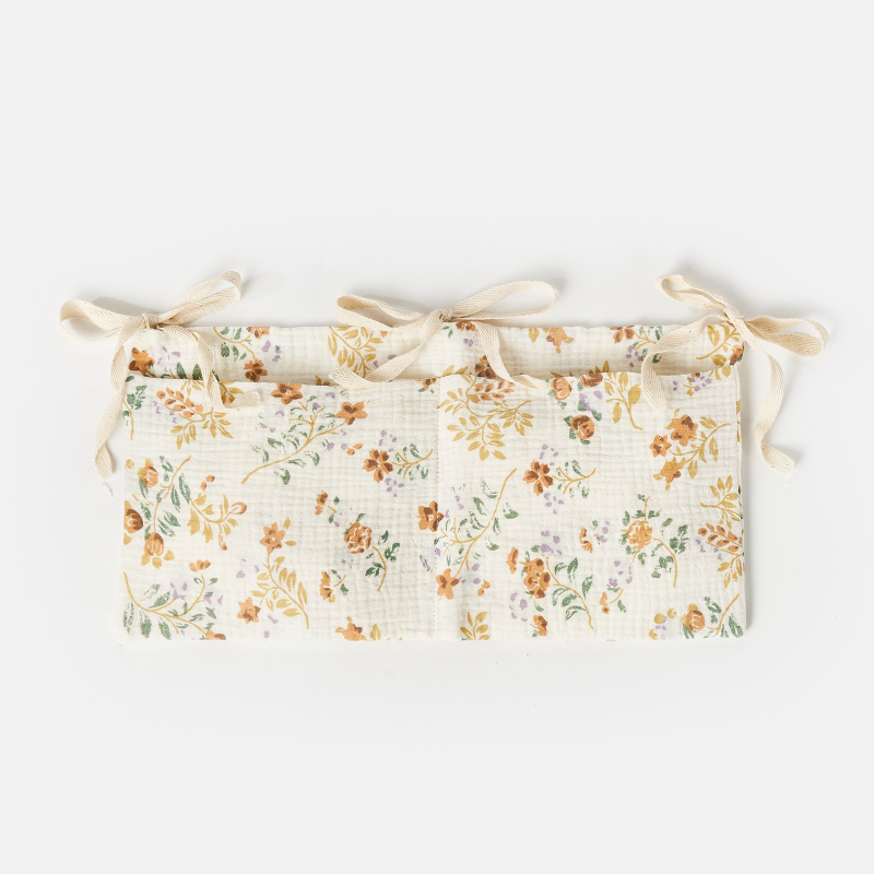 Babaágy melletti tároló táska dupla zsebekkel, pamut anyag, falra akasztható, többfunkciós