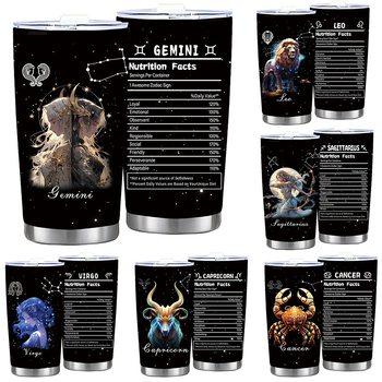 Termoso puodelis su dvylika Zodiako ženklų motyvu, tiesus dizainas, šiuolaikinis minimalistinis stilius; vidinis sluoksnis: 304 nerūdijantis plienas; išorinis korpusas: 201 nerūdijantis plienas; izoliacija 6–12 val.; nešiojamas, izoliacinis, atsparus kriti