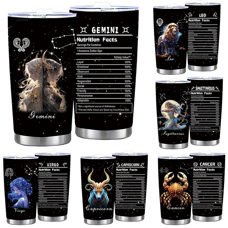 Termoso puodelis su dvylika Zodiako ženklų motyvu, tiesus dizainas, šiuolaikinis minimalistinis stilius; vidinis sluoksnis: 304 nerūdijantis plienas; išorinis korpusas: 201 nerūdijantis plienas; izoliacija 6–12 val.; nešiojamas, izoliacinis, atsparus kriti