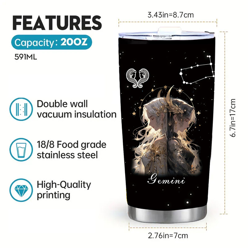 Termoso puodelis su dvylika Zodiako ženklų motyvu, tiesus dizainas, šiuolaikinis minimalistinis stilius; vidinis sluoksnis: 304 nerūdijantis plienas; išorinis korpusas: 201 nerūdijantis plienas; izoliacija 6–12 val.; nešiojamas, izoliacinis, atsparus kriti