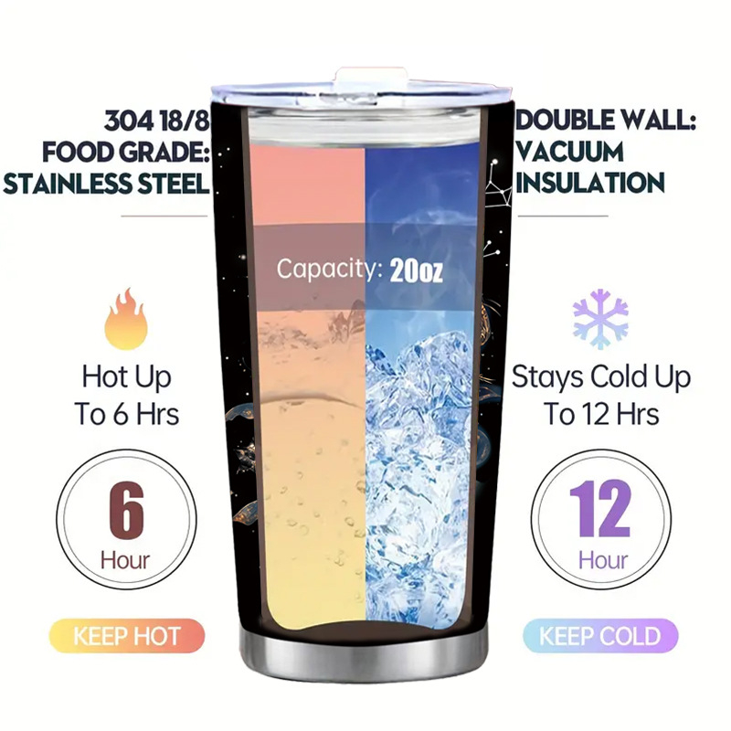 Termoso puodelis su dvylika Zodiako ženklų motyvu, tiesus dizainas, šiuolaikinis minimalistinis stilius; vidinis sluoksnis: 304 nerūdijantis plienas; išorinis korpusas: 201 nerūdijantis plienas; izoliacija 6–12 val.; nešiojamas, izoliacinis, atsparus kriti