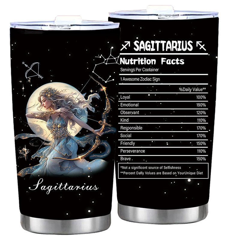 Termoso puodelis su dvylika Zodiako ženklų motyvu, tiesus dizainas, šiuolaikinis minimalistinis stilius; vidinis sluoksnis: 304 nerūdijantis plienas; išorinis korpusas: 201 nerūdijantis plienas; izoliacija 6–12 val.; nešiojamas, izoliacinis, atsparus kriti