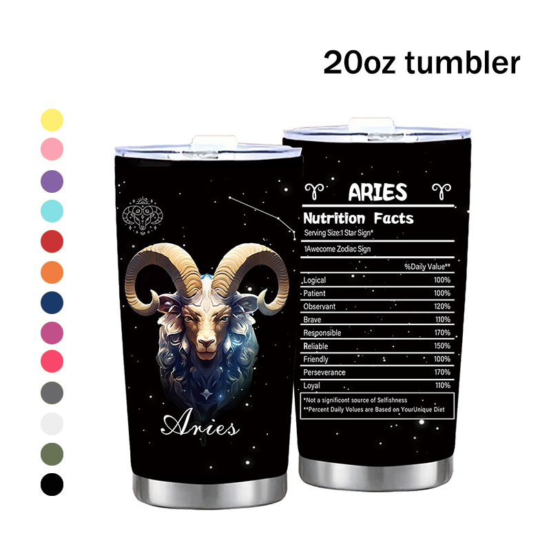 Termoso puodelis su dvylika Zodiako ženklų motyvu, tiesus dizainas, šiuolaikinis minimalistinis stilius; vidinis sluoksnis: 304 nerūdijantis plienas; išorinis korpusas: 201 nerūdijantis plienas; izoliacija 6–12 val.; nešiojamas, izoliacinis, atsparus kriti