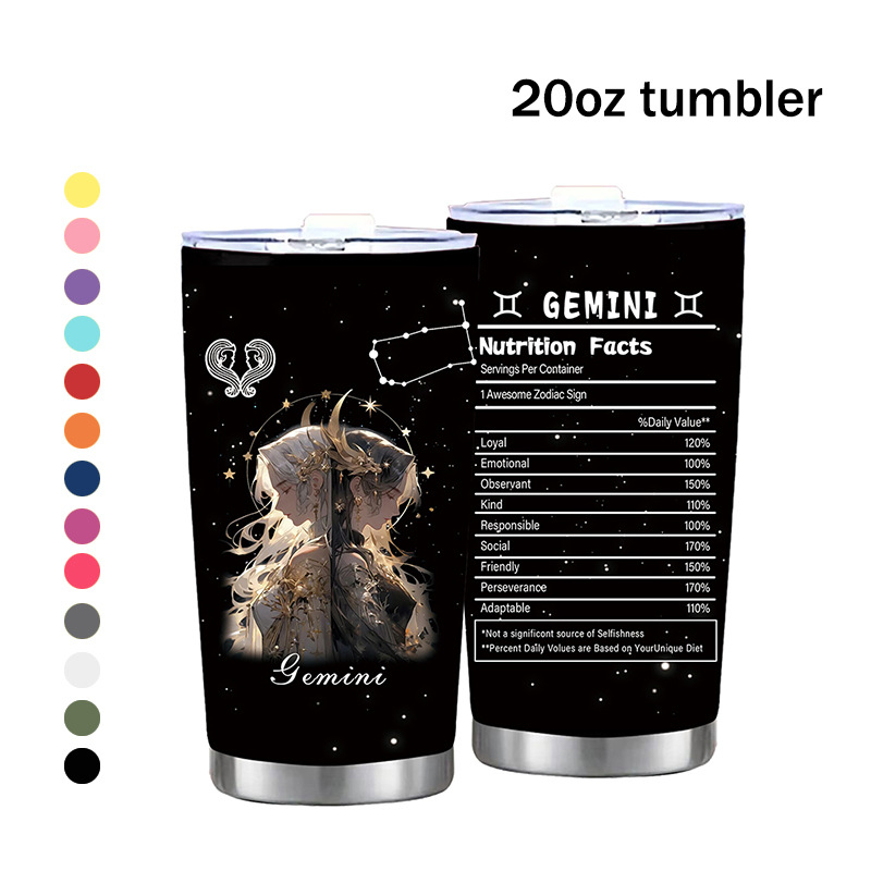 Termoso puodelis su dvylika Zodiako ženklų motyvu, tiesus dizainas, šiuolaikinis minimalistinis stilius; vidinis sluoksnis: 304 nerūdijantis plienas; išorinis korpusas: 201 nerūdijantis plienas; izoliacija 6–12 val.; nešiojamas, izoliacinis, atsparus kriti