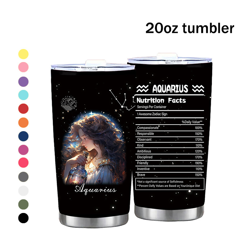 Termoso puodelis su dvylika Zodiako ženklų motyvu, tiesus dizainas, šiuolaikinis minimalistinis stilius; vidinis sluoksnis: 304 nerūdijantis plienas; išorinis korpusas: 201 nerūdijantis plienas; izoliacija 6–12 val.; nešiojamas, izoliacinis, atsparus kriti