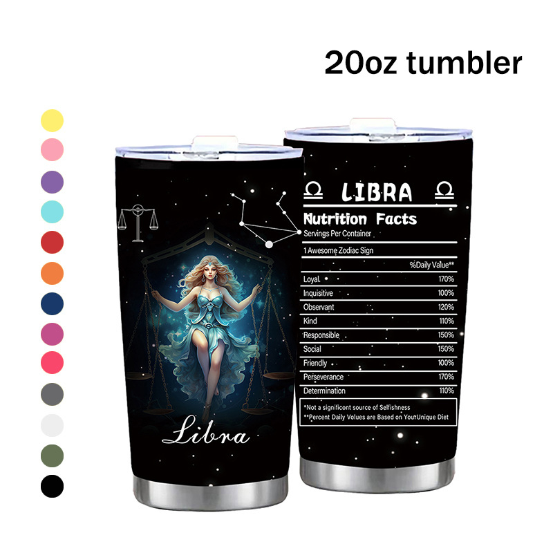 Termoso puodelis su dvylika Zodiako ženklų motyvu, tiesus dizainas, šiuolaikinis minimalistinis stilius; vidinis sluoksnis: 304 nerūdijantis plienas; išorinis korpusas: 201 nerūdijantis plienas; izoliacija 6–12 val.; nešiojamas, izoliacinis, atsparus kriti