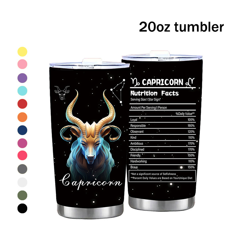 Termoso puodelis su dvylika Zodiako ženklų motyvu, tiesus dizainas, šiuolaikinis minimalistinis stilius; vidinis sluoksnis: 304 nerūdijantis plienas; išorinis korpusas: 201 nerūdijantis plienas; izoliacija 6–12 val.; nešiojamas, izoliacinis, atsparus kriti