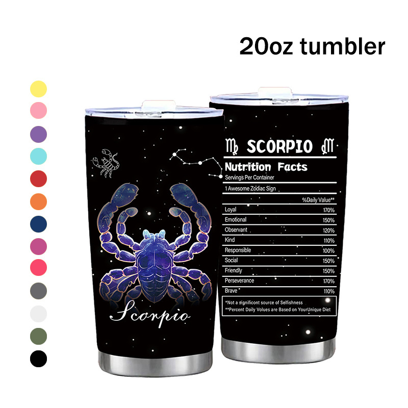 Termoso puodelis su dvylika Zodiako ženklų motyvu, tiesus dizainas, šiuolaikinis minimalistinis stilius; vidinis sluoksnis: 304 nerūdijantis plienas; išorinis korpusas: 201 nerūdijantis plienas; izoliacija 6–12 val.; nešiojamas, izoliacinis, atsparus kriti