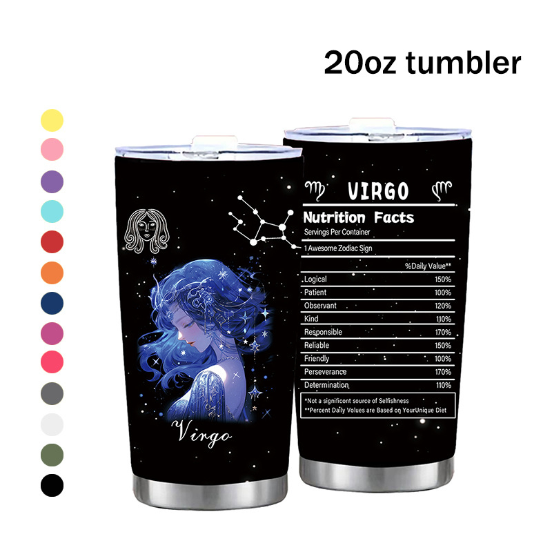 Termoso puodelis su dvylika Zodiako ženklų motyvu, tiesus dizainas, šiuolaikinis minimalistinis stilius; vidinis sluoksnis: 304 nerūdijantis plienas; išorinis korpusas: 201 nerūdijantis plienas; izoliacija 6–12 val.; nešiojamas, izoliacinis, atsparus kriti