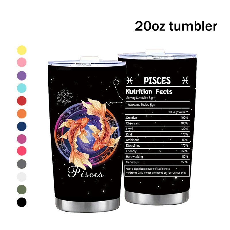 Termoso puodelis su dvylika Zodiako ženklų motyvu, tiesus dizainas, šiuolaikinis minimalistinis stilius; vidinis sluoksnis: 304 nerūdijantis plienas; išorinis korpusas: 201 nerūdijantis plienas; izoliacija 6–12 val.; nešiojamas, izoliacinis, atsparus kriti