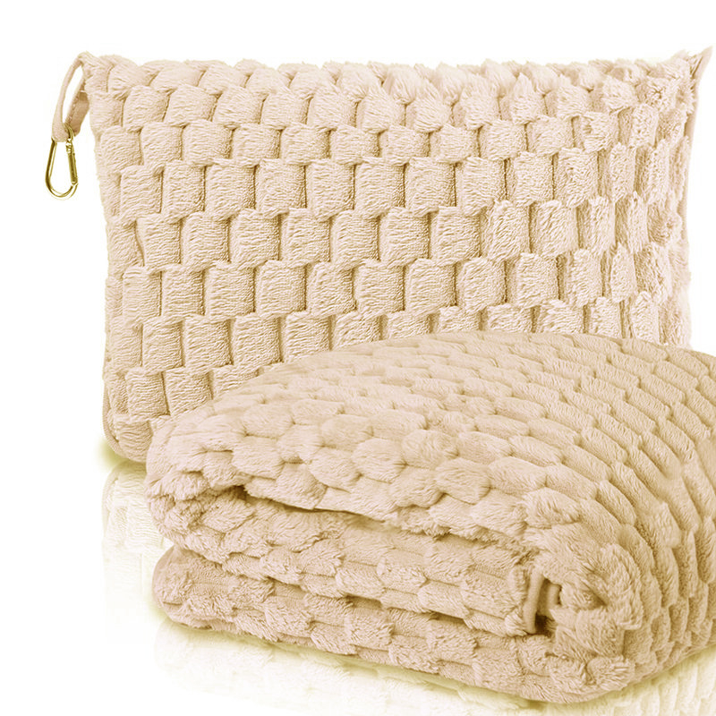 Фланелен пътуващ одеяло с бродирано лого и сгъваемо отделение за съхранение — полиестер, тегло 800–1000 г, подходящо за всички сезони, геометричен мотив