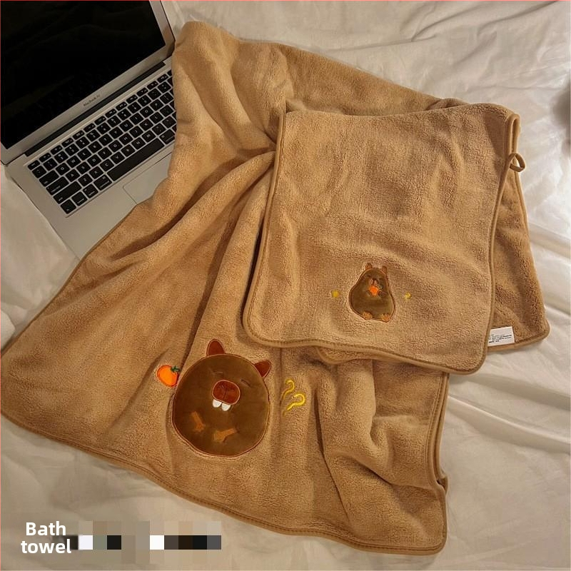 Longshen 2gab dviešu dvieļu komplekts ar morča tēmu, korālā samta, 150D, 300–400 g, izšūta kapibara karikatūra