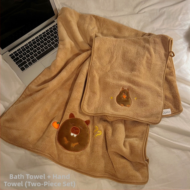 Longshen 2gab dviešu dvieļu komplekts ar morča tēmu, korālā samta, 150D, 300–400 g, izšūta kapibara karikatūra