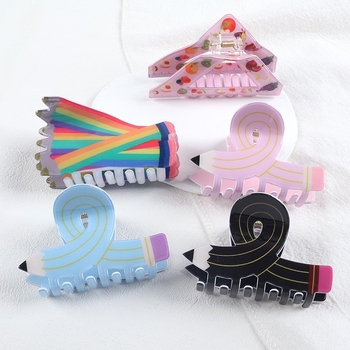 Κλιπ μαλλιών με σχέδιο μολυβιού σε σταυρό, κλιπ με σχήμα τρίγωνο-καρχαρίας, χειροποίητο PVC, για γυναίκες