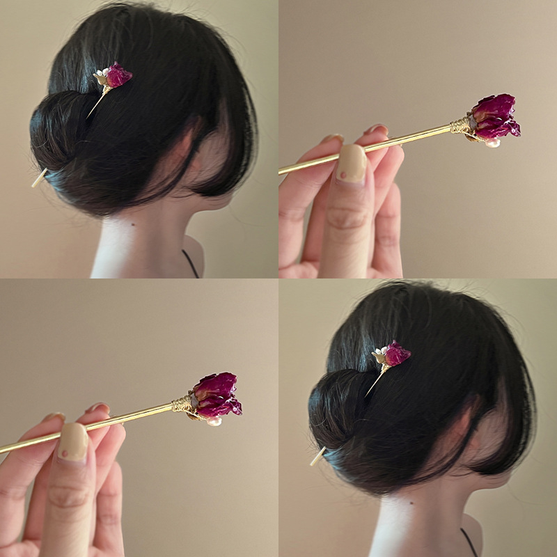 Galvos aksesuaras su retro perlo rožių džiovintomis gėlėmis plaukų segtukas, metalas, elektroplatinavimas, gėlių stilius, pritaikymas galimas