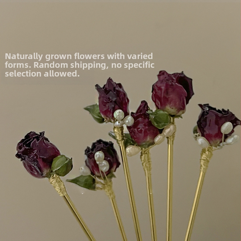 Аксесоар за глава с ретро перлена роза и сушени цветя, метал, електропокритие, флорална стилизация, възможна персонализация