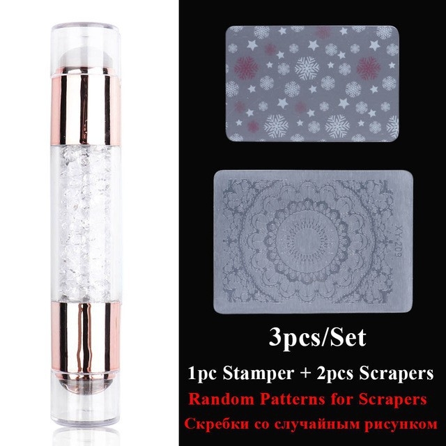 DXE Nagų meno įrankių rinkinys: dviejų galvučių silikono antspaudas, akrilo deimantų šablono antspaudas ir perdavimo rašiklis, 33 g