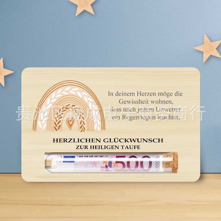Drveni ukras – minimalistička čestitka s novcem u epruveti
