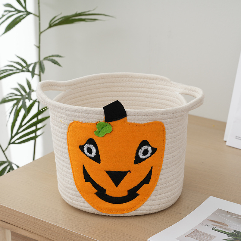 Medvilniniu siūlu pintas laikymo krepšys su rankena, siuvinėtas — mielo animacinio stiliaus, stalo organizatorius mažiems daiktams ir žaislams