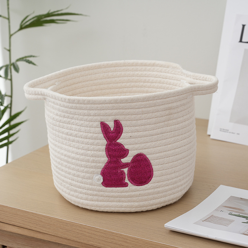 Medvilniniu siūlu pintas laikymo krepšys su rankena, siuvinėtas — mielo animacinio stiliaus, stalo organizatorius mažiems daiktams ir žaislams