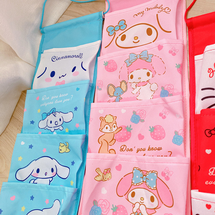 Fali függő táska 4 rekesszel, pamutból, rajzfilmszerű stílusú, lapos dizájn, hálószobai tároláshoz, többfunkciós