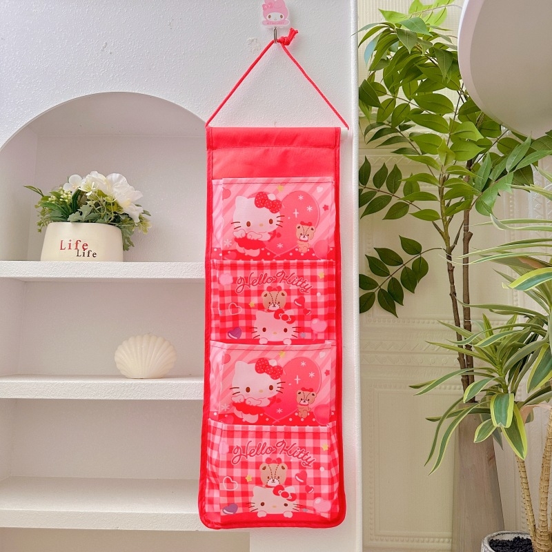 Fali függő táska 4 rekesszel, pamutból, rajzfilmszerű stílusú, lapos dizájn, hálószobai tároláshoz, többfunkciós