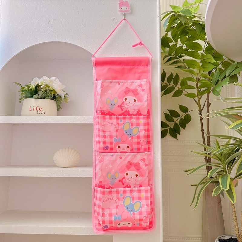 Fali függő táska 4 rekesszel, pamutból, rajzfilmszerű stílusú, lapos dizájn, hálószobai tároláshoz, többfunkciós