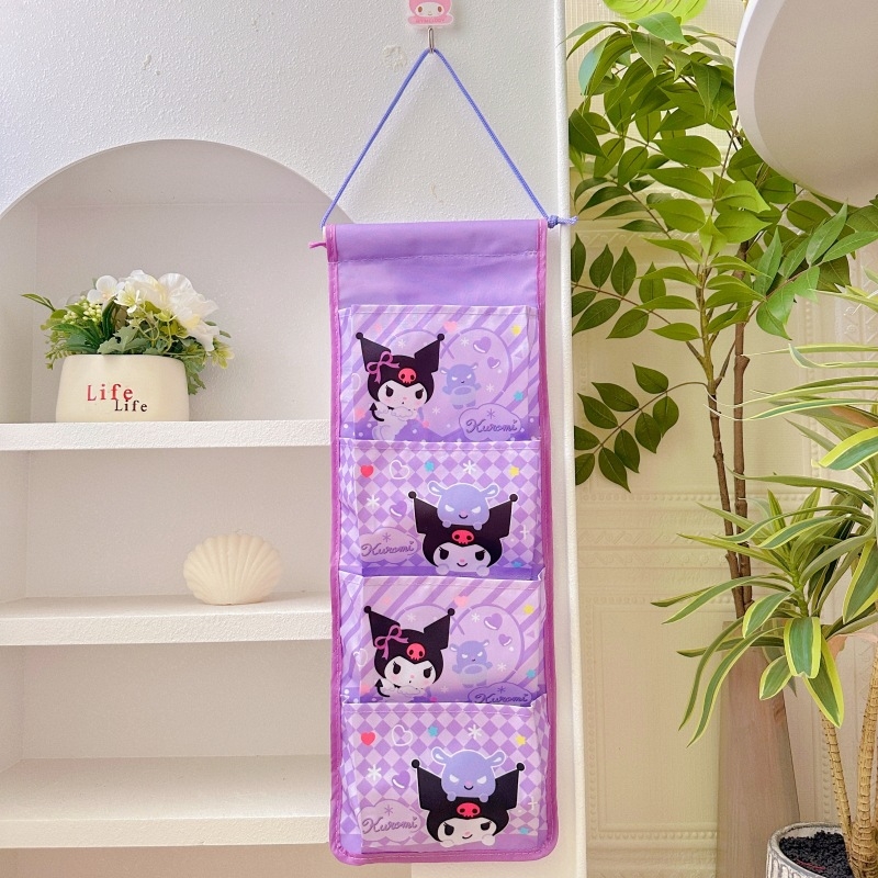 Fali függő táska 4 rekesszel, pamutból, rajzfilmszerű stílusú, lapos dizájn, hálószobai tároláshoz, többfunkciós
