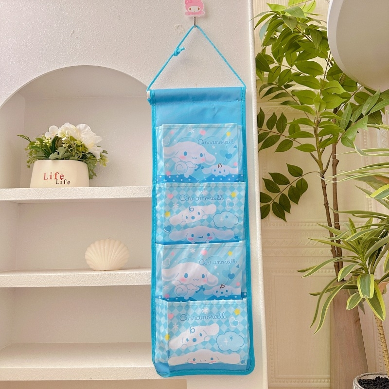 Fali függő táska 4 rekesszel, pamutból, rajzfilmszerű stílusú, lapos dizájn, hálószobai tároláshoz, többfunkciós