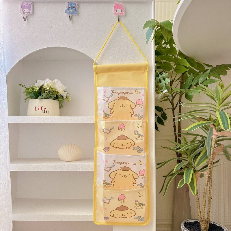 Fali függő táska 4 rekesszel, pamutból, rajzfilmszerű stílusú, lapos dizájn, hálószobai tároláshoz, többfunkciós