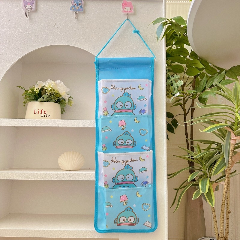 Fali függő táska 4 rekesszel, pamutból, rajzfilmszerű stílusú, lapos dizájn, hálószobai tároláshoz, többfunkciós