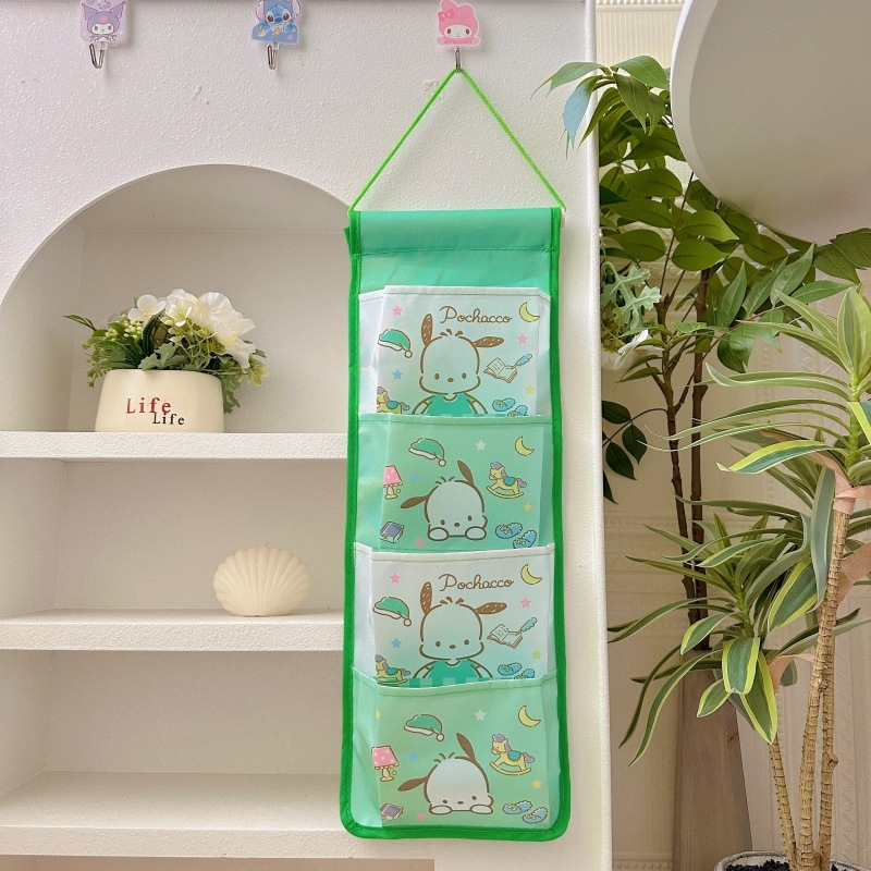 Fali függő táska 4 rekesszel, pamutból, rajzfilmszerű stílusú, lapos dizájn, hálószobai tároláshoz, többfunkciós