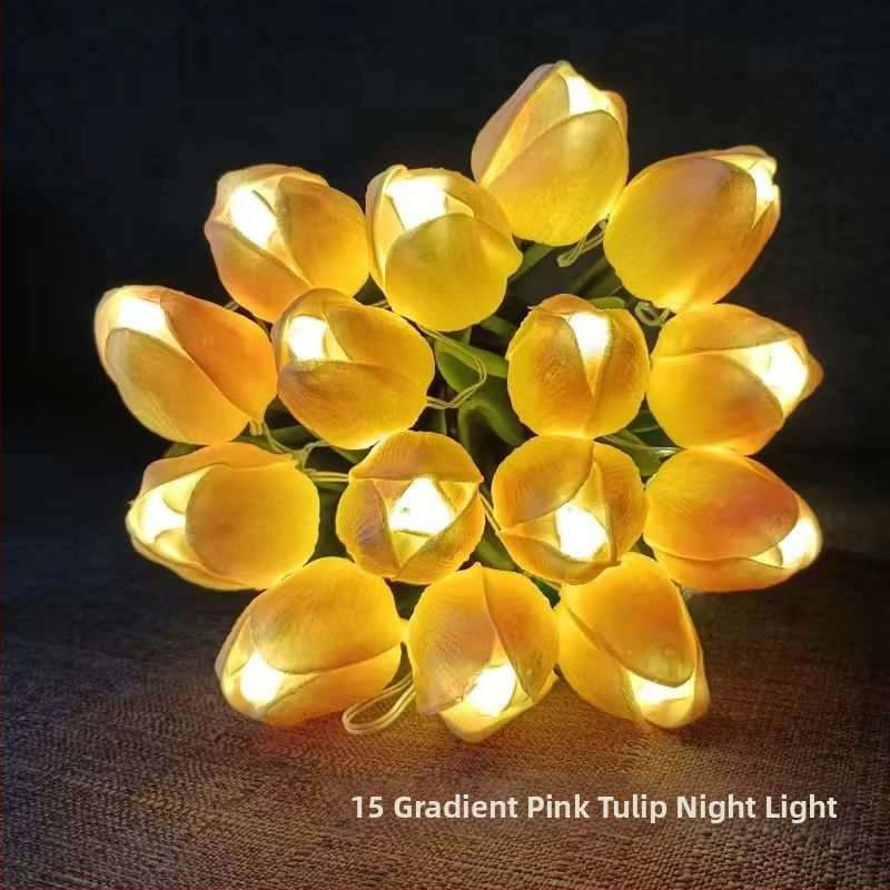 Tulpių puokštės lemputė - naktinė lemputė miegamojo dekorui, plastikinis korpusas, 34 cm aukštis, IP42, tarnavimo laikas 10000 h, nereguliuojamas šviesos intensyvumas