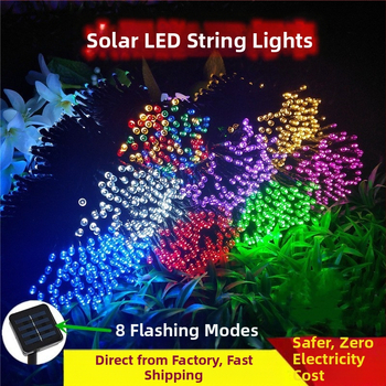 Saulės LED vėrinys lauke – 100 LED, 12V, IP44, 3200K, saulės energijos maitinimas